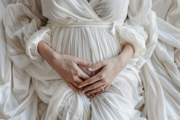 A woman in a white dress is resting on a bed