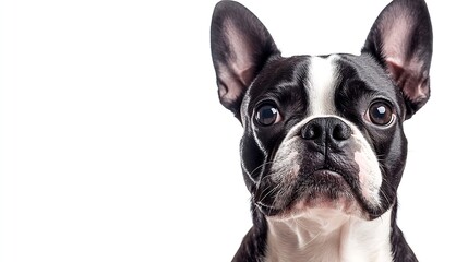 Fototapeta premium Studio headshot portrait of Boston terrier dog with head tilted looking forward against a white background : Generative AI