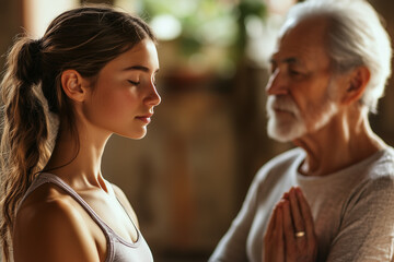 Naklejka premium Young woman practices mindful meditation with an elderly man guiding her in a peaceful indoor setting.