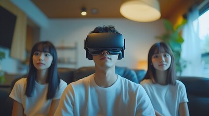 Young asian man and two young biracial women enjoy virtual reality at home they are immersed in a vr experience in a modern living room setting : Generative AI