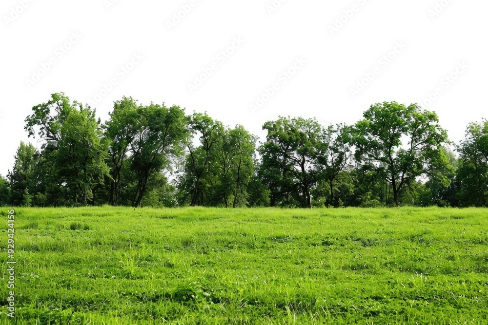 Poster a scenic view of a green field with trees in the background, suitable for outdoor or nature-related 