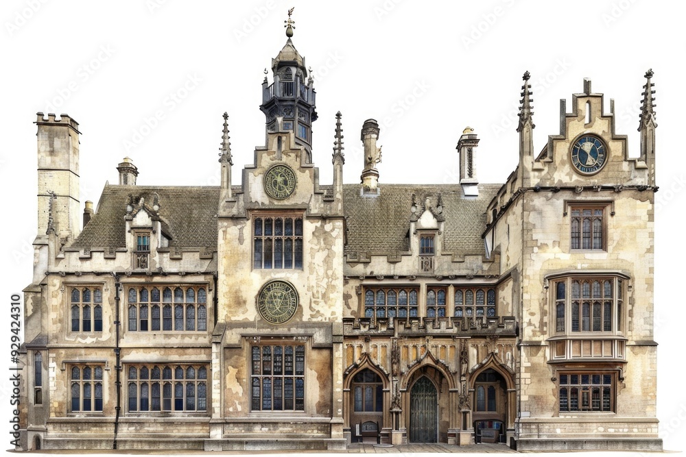 Poster a large city hall building with a clock tower on the front, suitable for use in urban landscape or a
