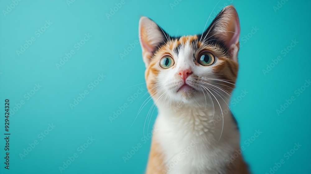 Poster studio portrait of domestic calico cat standing and looking forward against a turquoise background :