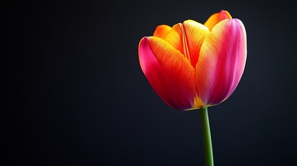 Fototapeta premium Beautiful blooming multicolor tulip with stem isolated on black background pollen red pink orange yellow colors Closeup studio photography : Generative AI