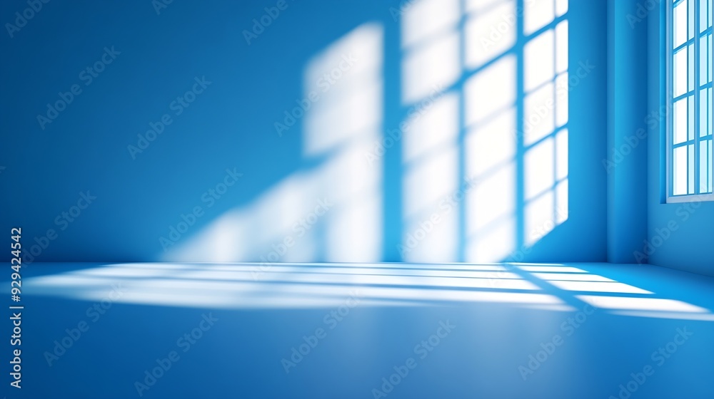 Poster Abstract blue studio background for product presentation Empty room with shadows of window 3d room with copy space Blurred backdrop : Generative AI