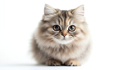 Persian longhair cat  Felis silvestris catus  is characterised by a round face and short muzzle with short legs isolated on white background grey and white color standing looking at ca : Generative AI