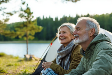 Elderly Caucasian couple enjoying a peaceful moment together while camping by a serene lake, surrounded by lush green trees under a clear sky.