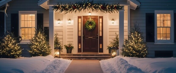 AI gen. A tranquil winter evening scene with a decorative winter wreath on the front door