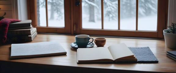 AI gen. A cozy winter scene with a warm, inviting fireplace, a pair of woolen socks on a comfy armchair