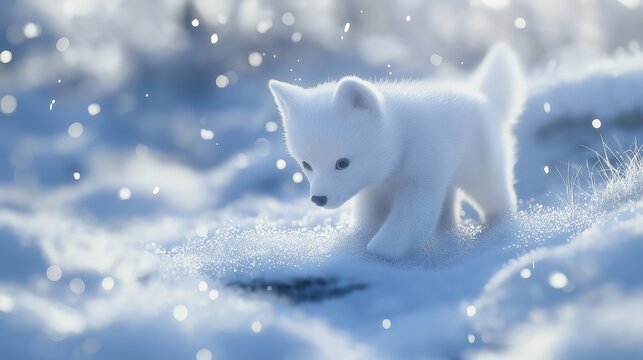 illustration of a cute baby Arctic wolf exploring a snow-covered plain with sparkling snowflakes