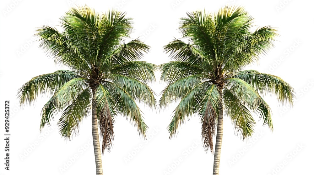 Poster vibrant foliage two big tree coconut isolated on white background evergreen palm tree for design tro