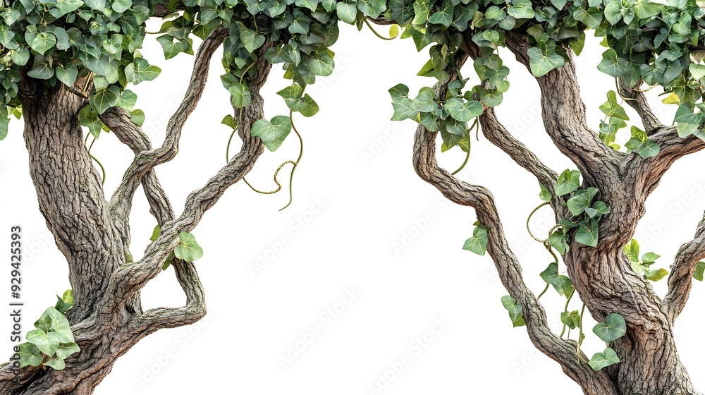 Poster Forest tree trunks with climbing vines twisted liana plant and green leaves  isolated on white background clipping path included : Generative AI