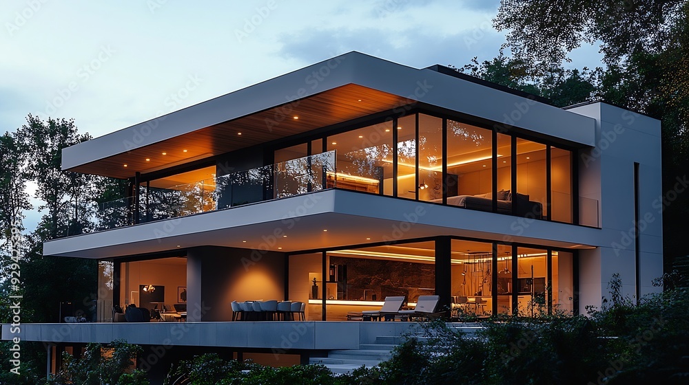Aufkleber A modern house embodies the essence of contemporary architecture and lifestyle designed with a focus on simplicity efficiency and elegance It features clean lines open floor plans and  : Generative AI