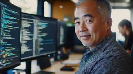 An older Asian man concentrates on coding tasks while surrounded by multiple computer screens