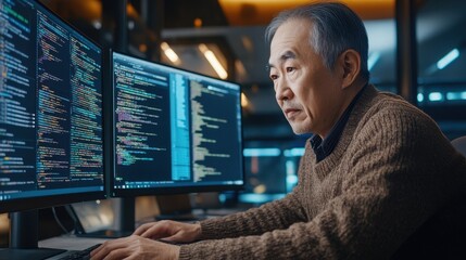 Fototapeta premium An older Asian man intensely codes on several monitors in a contemporary office setting