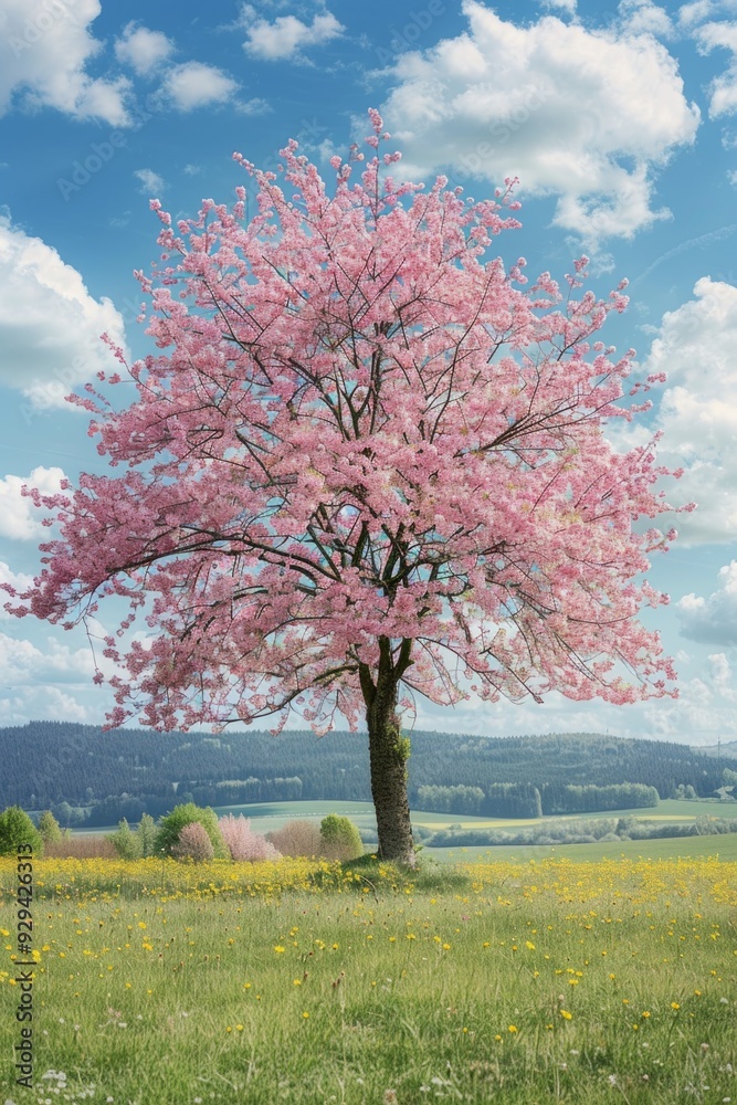 Aufkleber a single pink tree stands out against a bright blue sky in a open field