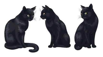 Three illustrated black cats in different poses, showcasing their sleek fur and expressive eyes.