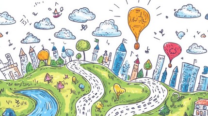 Colorful Children’S Drawing Of A Whimsical Cityscape With Roads, Hot Air Balloon, Buildings, Trees, And Clouds