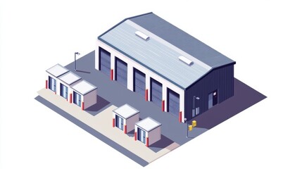 Spacious Industrial Warehouse With Large Doors And Additional Storage Compartments Outside