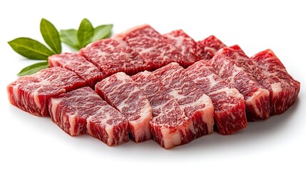 Obraz premium Rare Sliced Wagyu beef with marbled texture isolated on white background Sliced Wagyu beef isolated on white background With work path : Generative AI