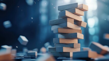 A Stack Of Wooden Blocks In A Precarious Arrangement With Blocks Falling In A Dynamic, Motion-Filled Scene
