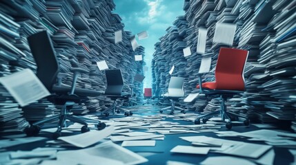 Stacks Of Papers And Files In A Chaotic Office, Chairs Scattered, Sky Visible Through Gap, Disorganized Work.