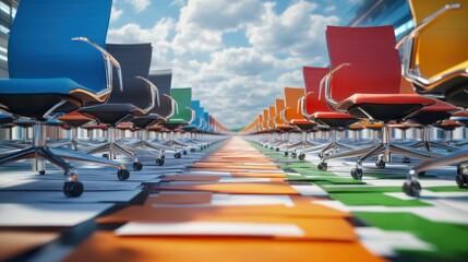 Symmetrical Rows Of Colorful Chairs On A Path Of Colored Papers Under A Cloudy Sky, Evoking Modern Office Aesthetics
