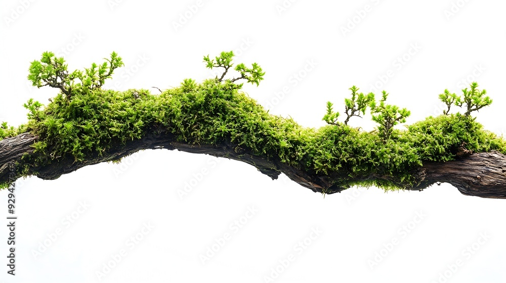 Poster fresh green moss on rotten branch isolated on white side view : generative ai
