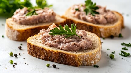 Meat Paste Toast Bread Isolated Tuna Pate Sandwiches Terrine Toasts Chopped Liver Mousse on Bread Fish Paste Canape on White Background : Generative AI