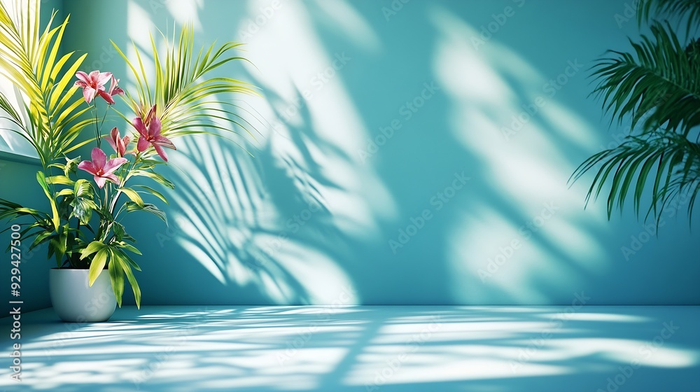 Leinwandbilder Abstract gradient blue studio background for product presentation Empty room with shadows of window and flowers and palm leaves  3d room with copy space Summer concert Blurred backdrop : Generative AI