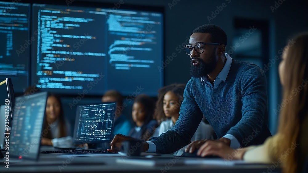Aufkleber Teacher Giving Computer Science Lecture to Diverse Multiethnic Group of Female and Male Students in Dark College Room Projecting Slideshow with Programming Code Explaining Information  : Generative AI