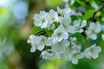 Fototapeta premium A cluster of white flowers grows on the branch of a tree, surrounded by greenery