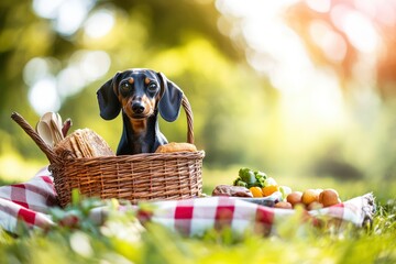 A Dachshund peeking out of a picnic basket in a sunny meadow, with a checkered blanket and food items laid out nearby. copy space , ai