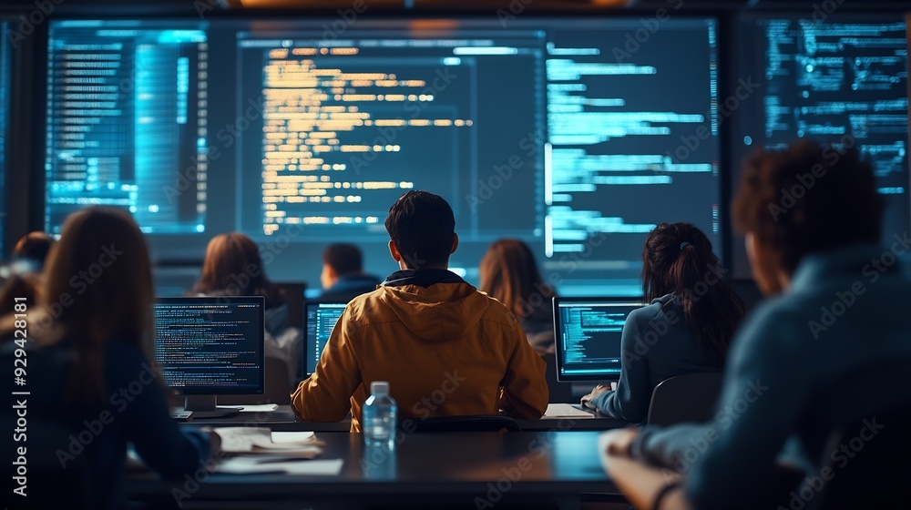 Leinwandbilder Teacher Giving Computer Science Lecture to Diverse Multiethnic Group of Female and Male Students in Dark College Room Projecting Slideshow with Programming Code Explaining Information  : Generative AI