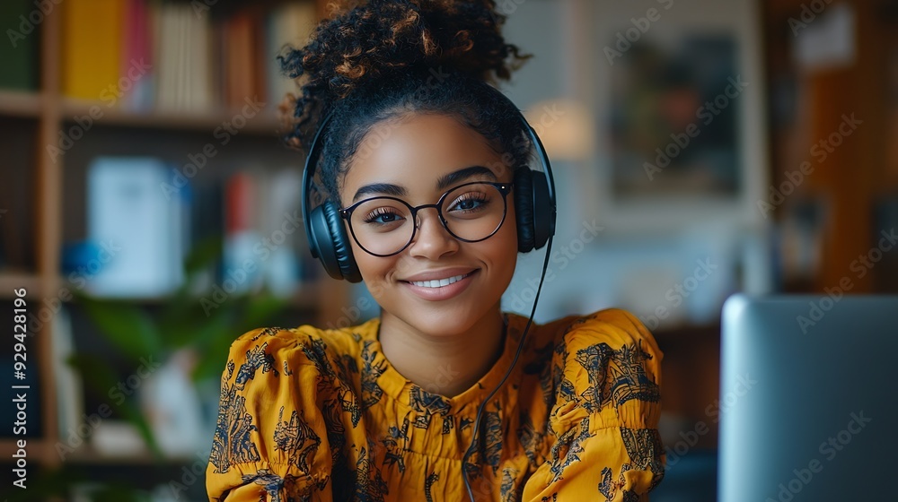 Aufkleber smiling multiracial millennial female student in headphones sitting at the desk watching webinar and