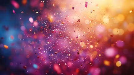 explosion of vibrant confetti and shimmering bokeh kaleidoscopic colors dance against carnival backdrop joyous celebration frozen in time