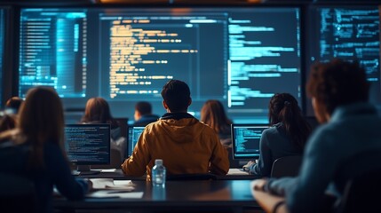 Teacher Giving Computer Science Lecture to Diverse Multiethnic Group of Female and Male Students in Dark College Room Projecting Slideshow with Programming Code Explaining Information  : Generative AI