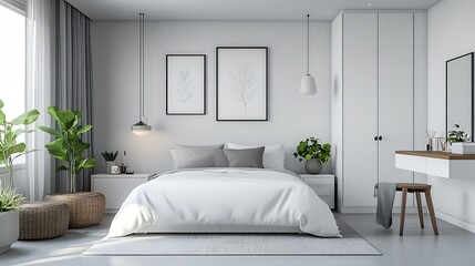 Fototapeta premium Light Color Bedroom furniture white background Bed wardrobe and vanity table : Generative AI