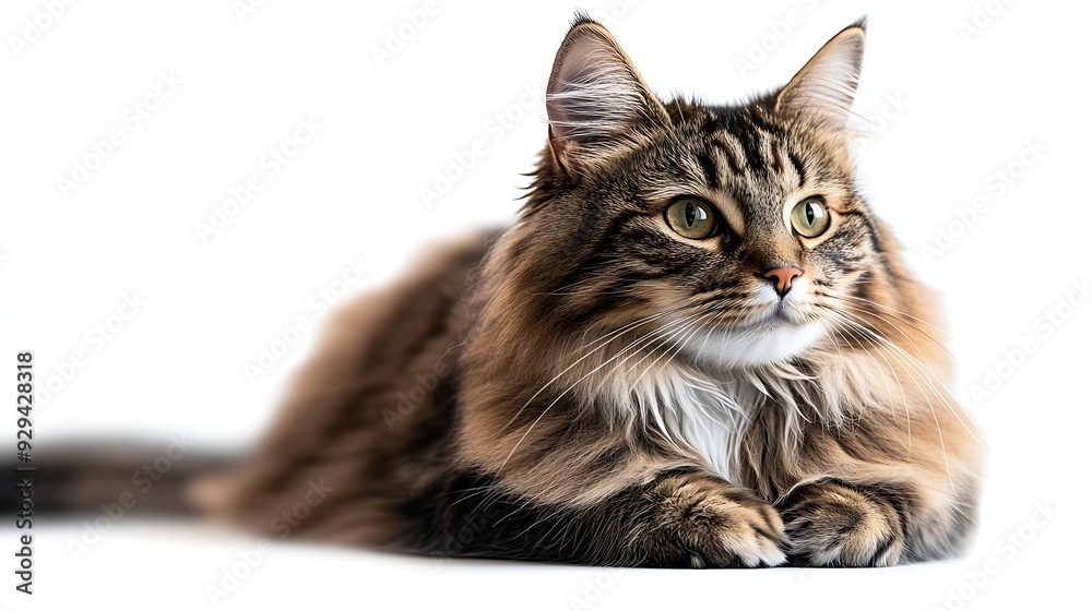 Poster sitting long haired cat looking aside full body portrait on transparent background : generative ai
