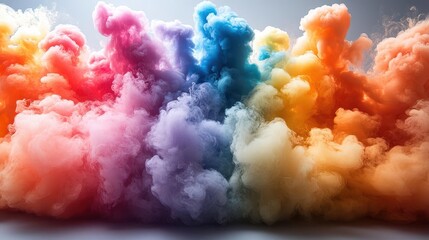 explosive array of vibrant smoke bombs rainbow hues billowing and intertwining against stark white background powder paint festival vibes