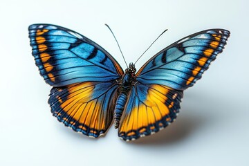 exquisite butterfly midflight wings spread in dazzling display of blue yellow and orange hues delicate creature frozen in moment of airborne grace against pure white backdrop