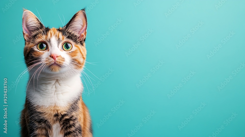 Poster studio portrait of domestic calico cat standing and looking forward against a turquoise background :
