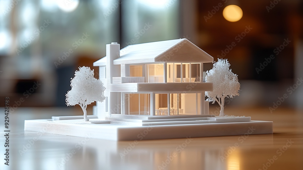 Poster Model of the house printed on a 3D printer with white filament by FDM technology for architectural use : Generative AI