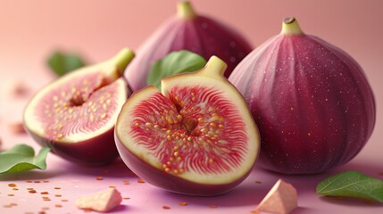 Close-up of fresh figs, including a halved fig showing its vibrant red interior, arranged on a pink background.
