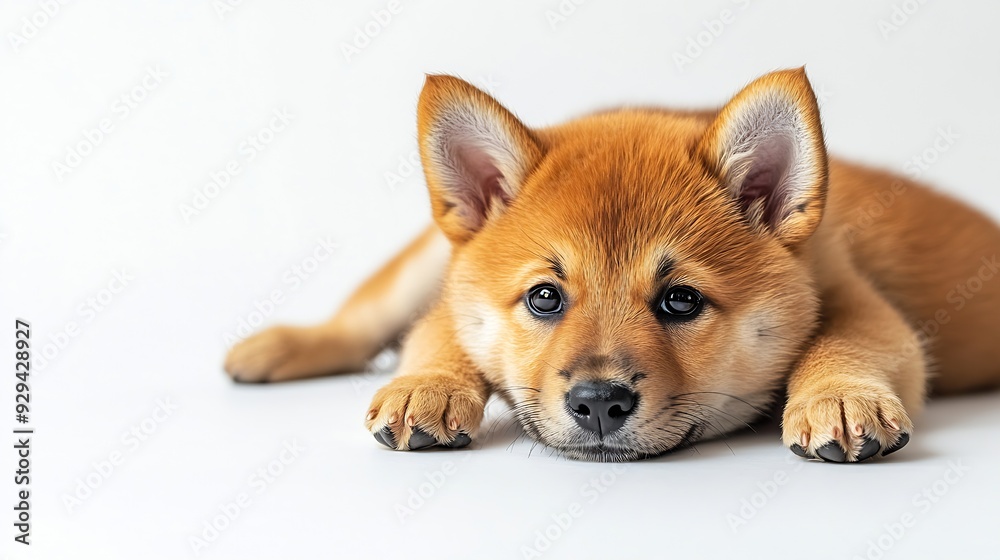 Poster back view of beautiful shiba inu puppy lying on floor isolated over white studio background pet look