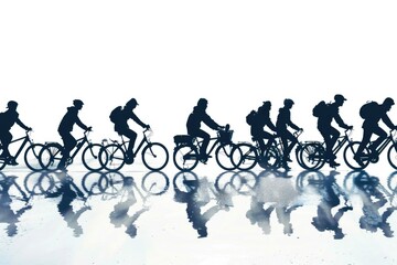Obraz premium Group of people riding bicycles on a wet surface, perfect for advertising or illustrating the theme of transportation in rain