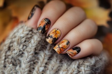 Autumn-themed manicure with leaves against an autumn tree background