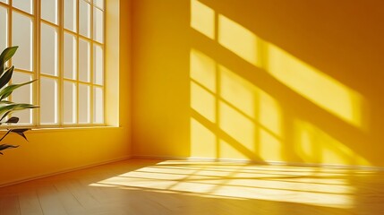 Yellow room corner with crossing windows shadows Minimalistic space concept : Generative AI