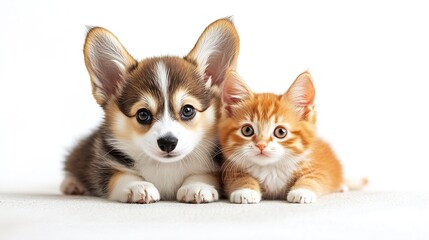 Obraz premium Cute Welsh corgi puppy and a red kitten sit together on a white background isolated on a white background : Generative AI