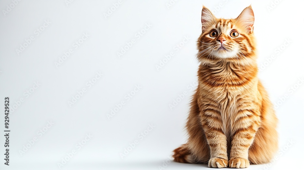 Poster A cat with orange fur is sitting on a white background The cat has a curious expression on its face : Generative AI